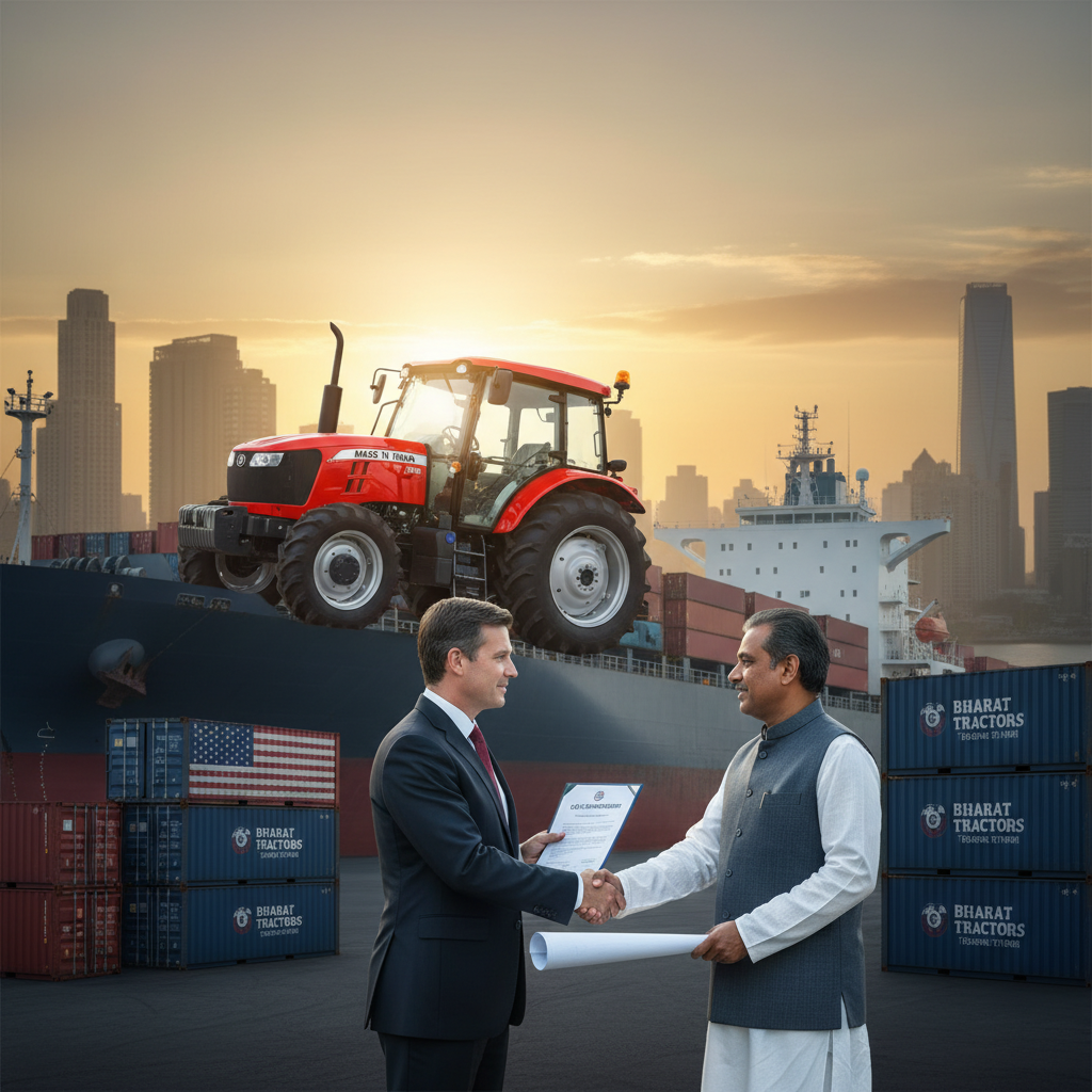 Two men shaking hands in front of cargo ships and containers with an Indian tractor.