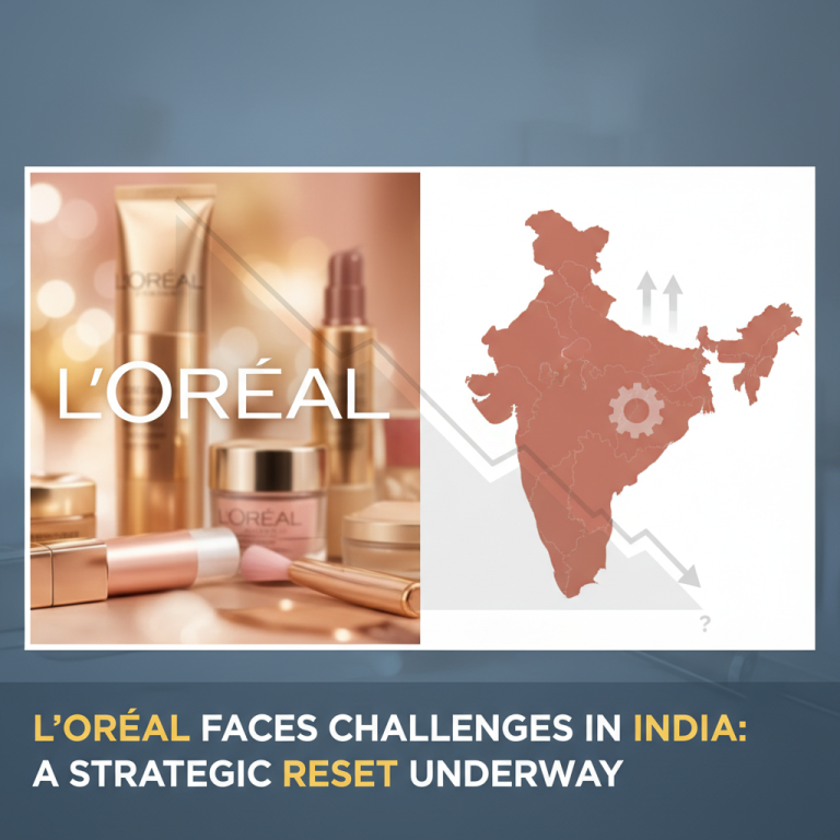 Split image showing L'Oréal products and a map of India with gears and arrows, representing business strategy.