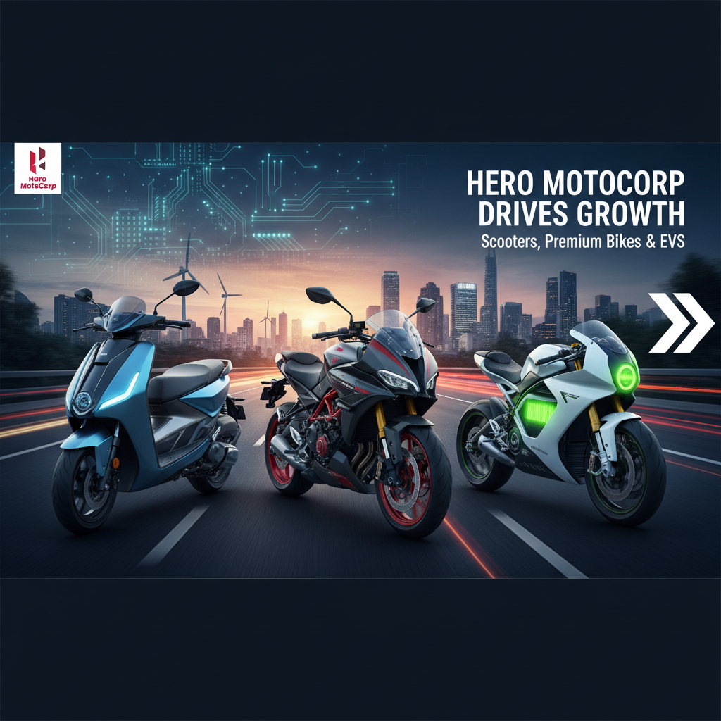 Hero MotoCorp vehicles (scooter, sportbike, electric bike) on a futuristic road with a city skyline at sunset, representing growth.