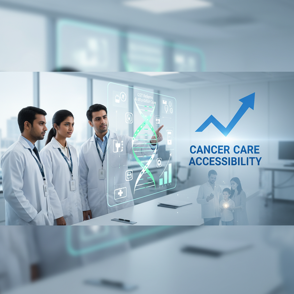 Medical professionals review data on a holographic display related to GST reforms and affordable cancer care.