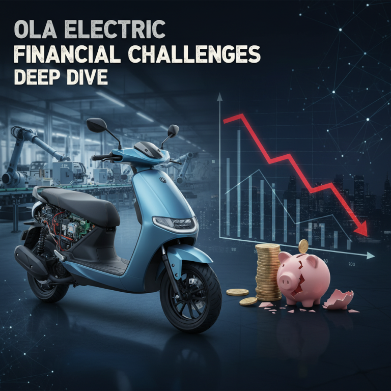 Image symbolizing Ola Electric's financial struggles with a scooter, broken piggy bank, and a downward trend graph.