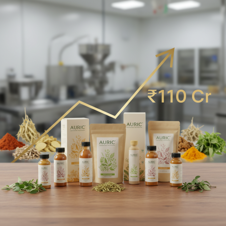 A professional image showcasing AURIC Ayurvedic nutrition products with an upward trending graph indicating ₹110 Cr growth.