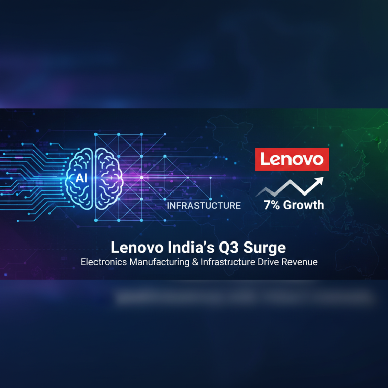 Lenovo logo with AI brain, infrastructure network, and 7% growth arrow on a map of India.