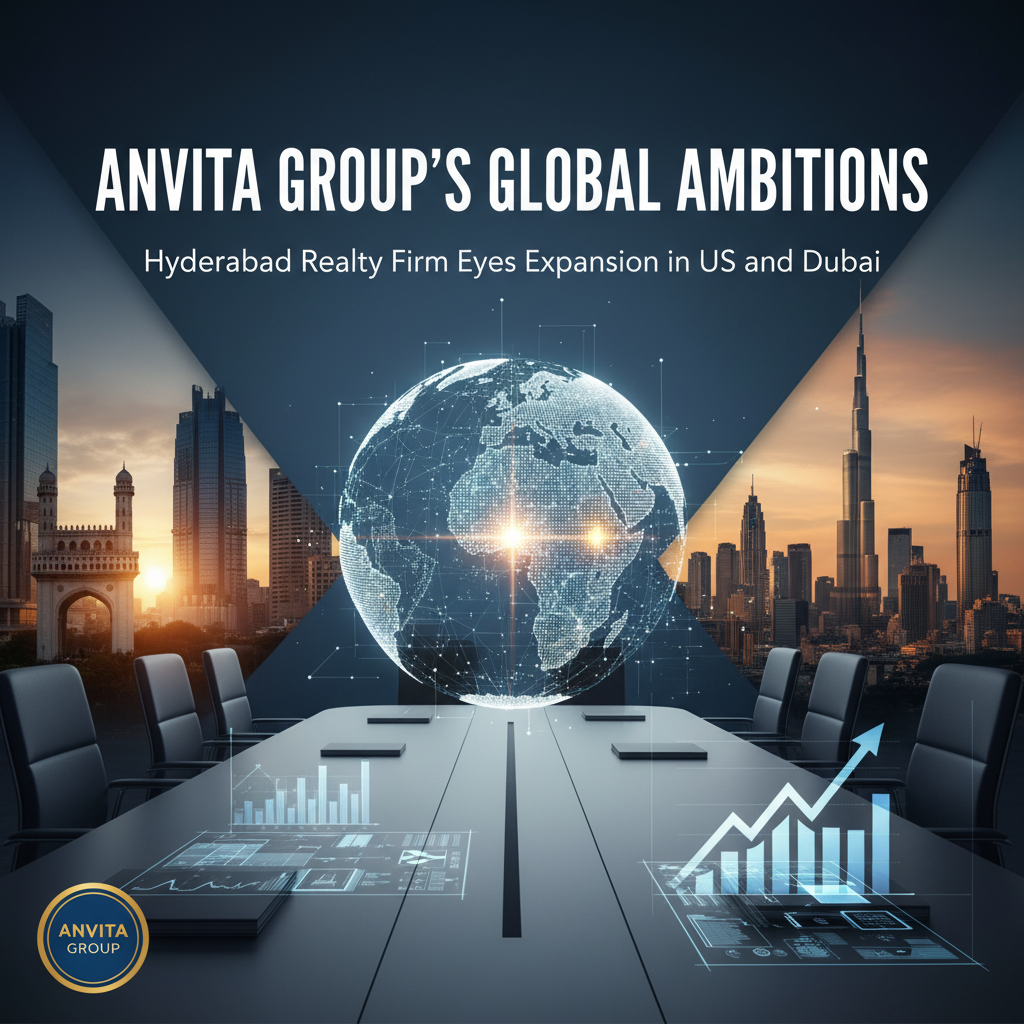 A professional image depicting Anvita Group's global expansion, featuring skylines of Hyderabad, USA, and Dubai, with a holographic globe and business analytics on a conference table.