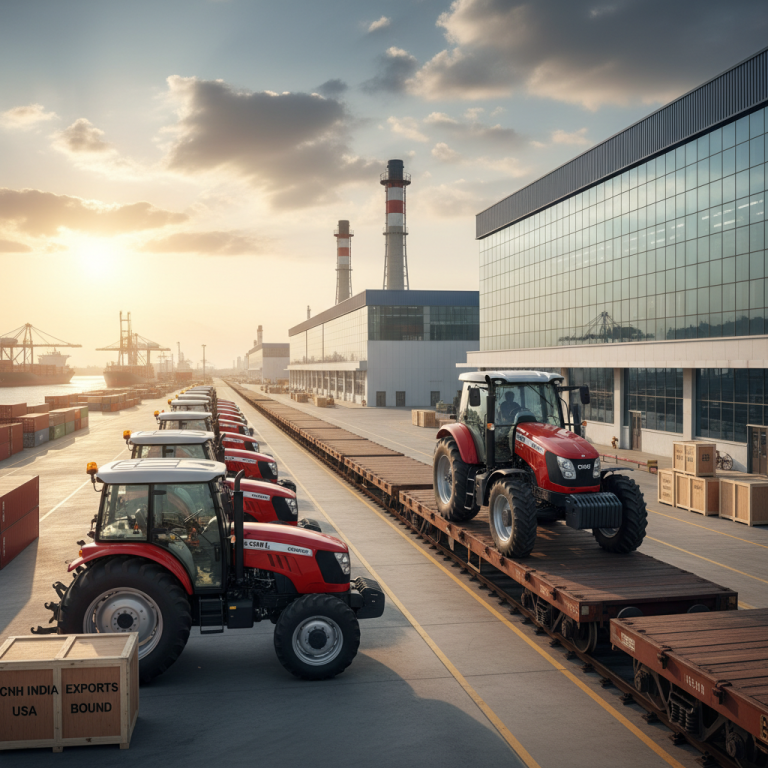 A row of red CNH tractors at a port, with one on a train car, ready for export. Sun sets over industrial background.