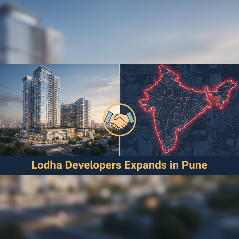 A professional image depicting a handshake over a map of India and a modern building complex.