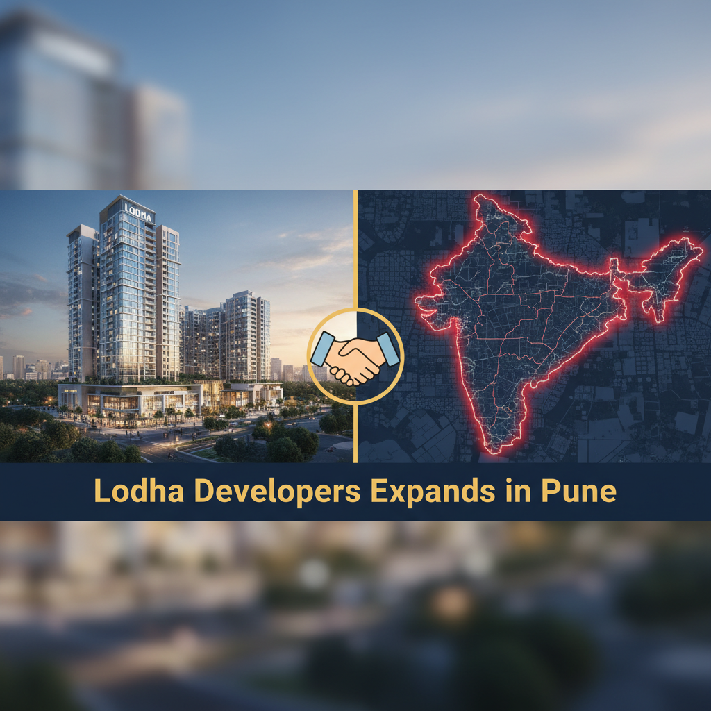 A professional image depicting a handshake over a map of India and a modern building complex.