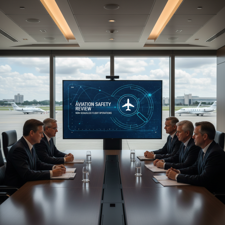 A group of government officials discuss aviation safety in a boardroom overlooking an airport tarmac with private jets.