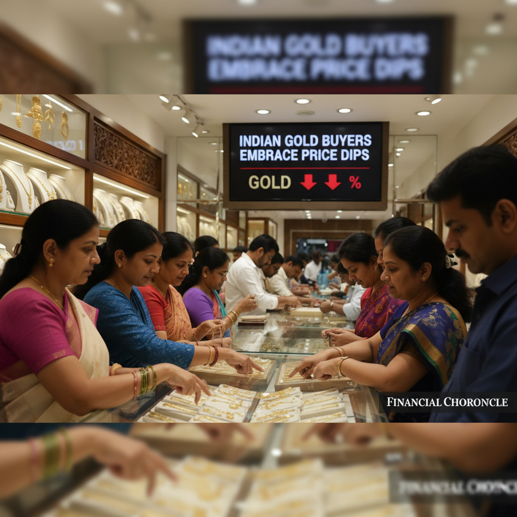 Indian buyers in a jewelry store, focused on gold displays, with a digital sign reflecting price dips.