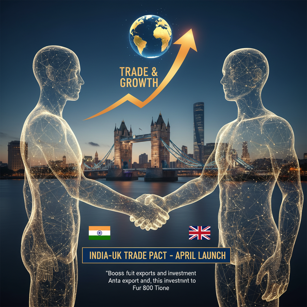 Digital representation of two figures shaking hands, overlaid with the Indian and UK flags, against a backdrop of the London skyline and a rising arrow towards a glowing globe.