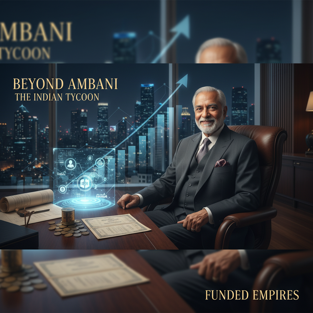 An Indian tycoon in a suit smiles in his office, with city views, financial graphics, and gold coins on his desk.