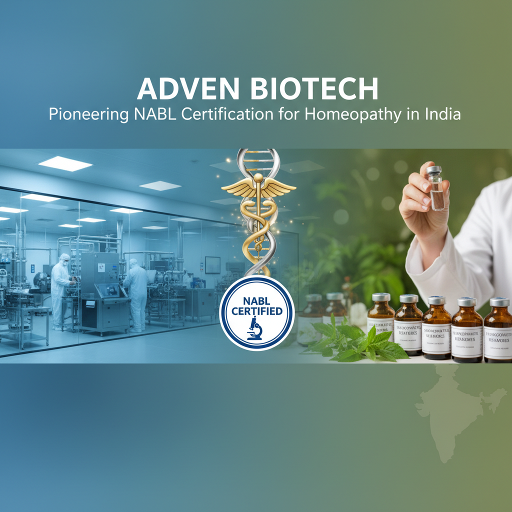 A composite image featuring pharmaceutical manufacturing, homeopathy vials, and the NABL certified logo.