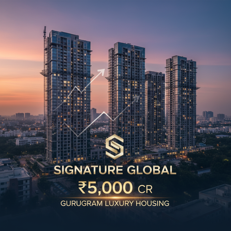 High-rise luxury residential buildings in Gurugram at sunset, with a subtle upward trend graph and the Signature Global logo.
