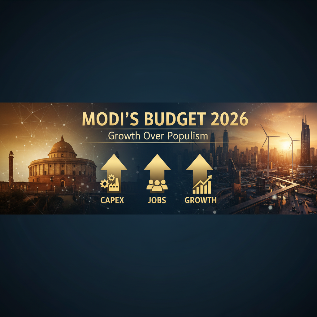 An infographic featuring "Modi's Budget 2026" and golden arrows pointing up, representing Capex, Jobs, and Growth, set against a modern cityscape and the Indian Parliament.
