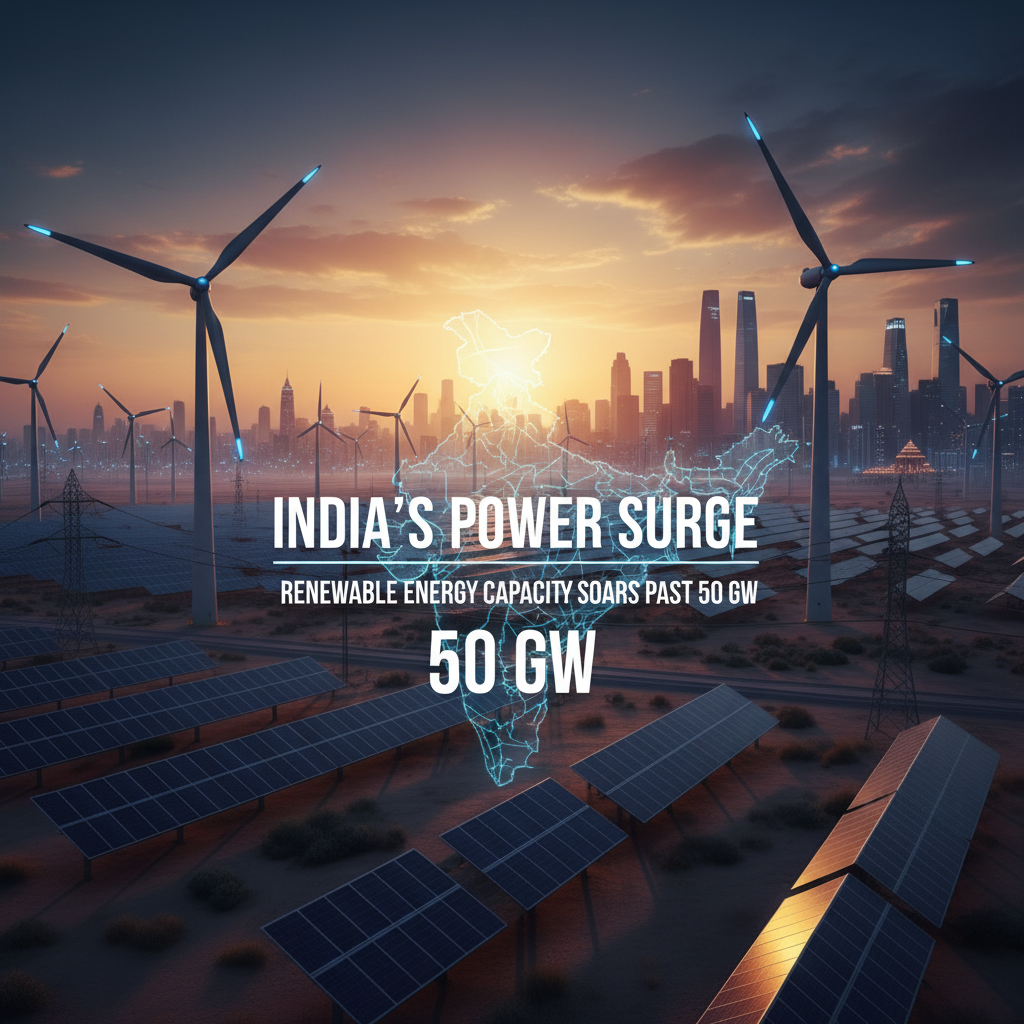 A modern city skyline with wind turbines and solar panels at sunset, overlaid with an outline of India, representing renewable energy growth.