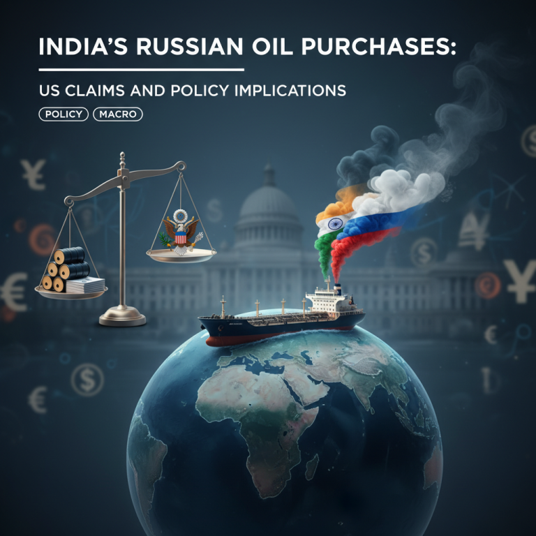 A tanker on a globe, US scales, Capitol Hill, and currency symbols, illustrating India's Russian oil purchases.