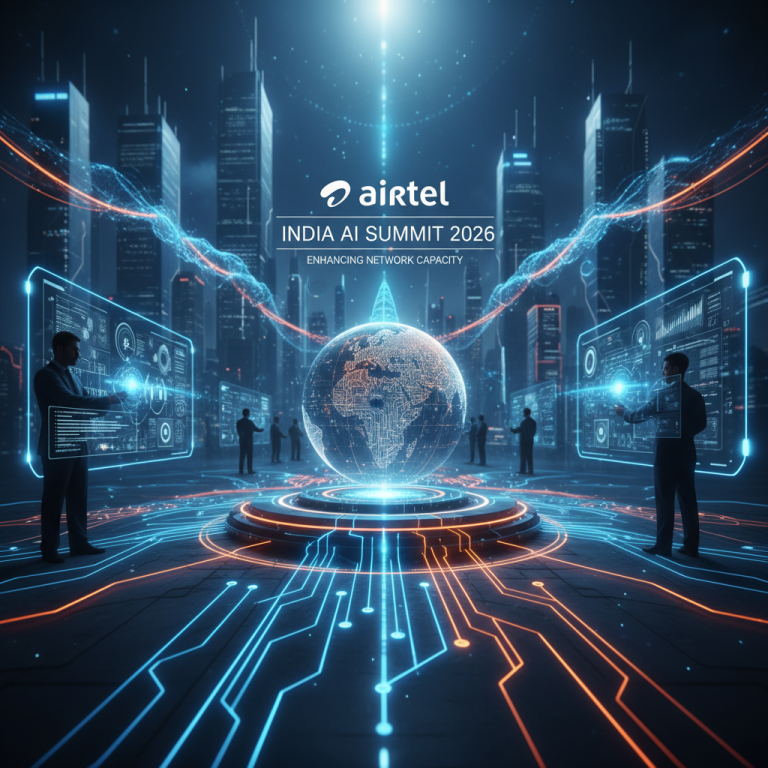 A futuristic digital cityscape with glowing circuit lines, a holographic globe, and silhouettes of professionals.