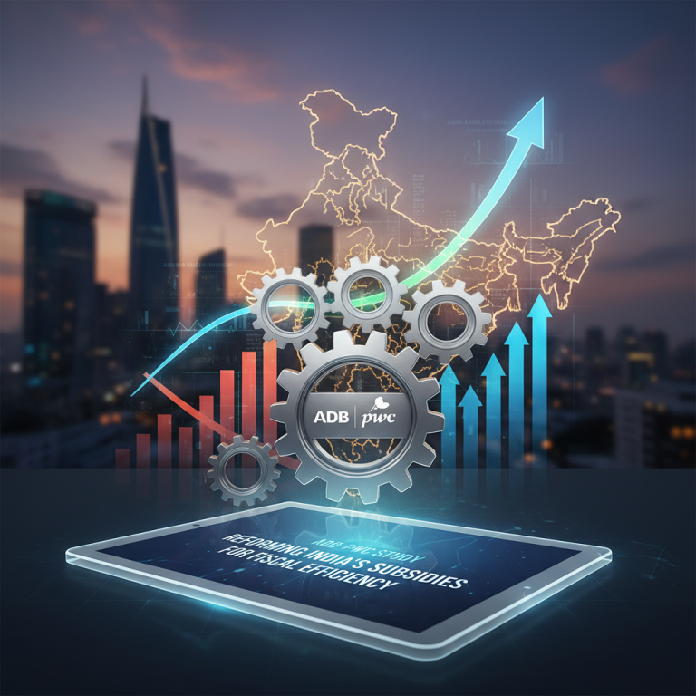 A digital illustration showing gears, financial charts, and an outline of India, representing economic policy reform.