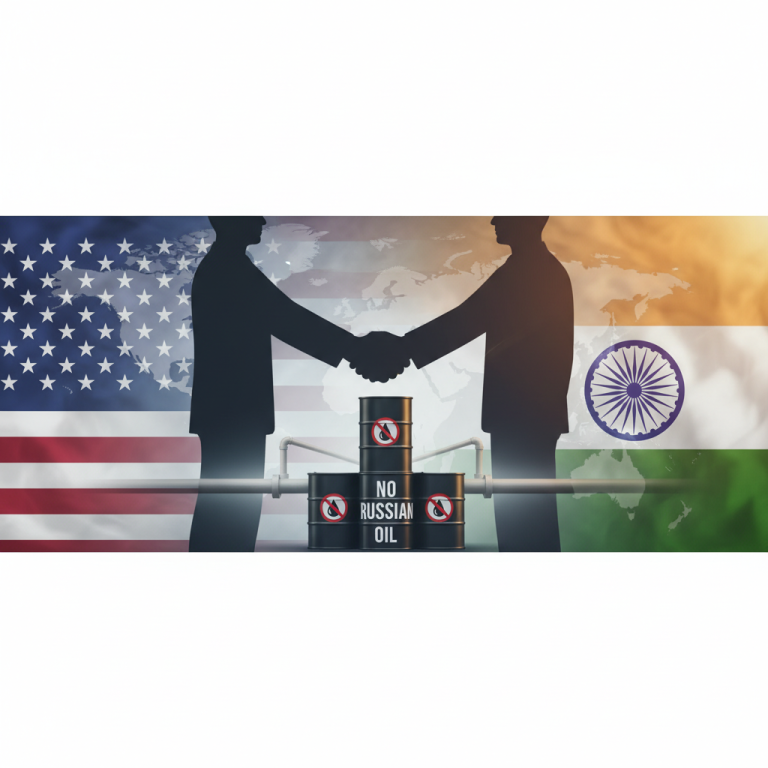 Silhouettes of two men shaking hands, with the US flag on the left and Indian flag on the right. Barrels labeled "NO RUSSIAN OIL" are between them.