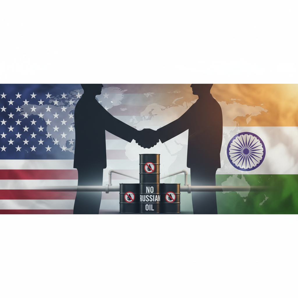 Silhouettes of two men shaking hands, with the US flag on the left and Indian flag on the right. Barrels labeled "NO RUSSIAN OIL" are between them.