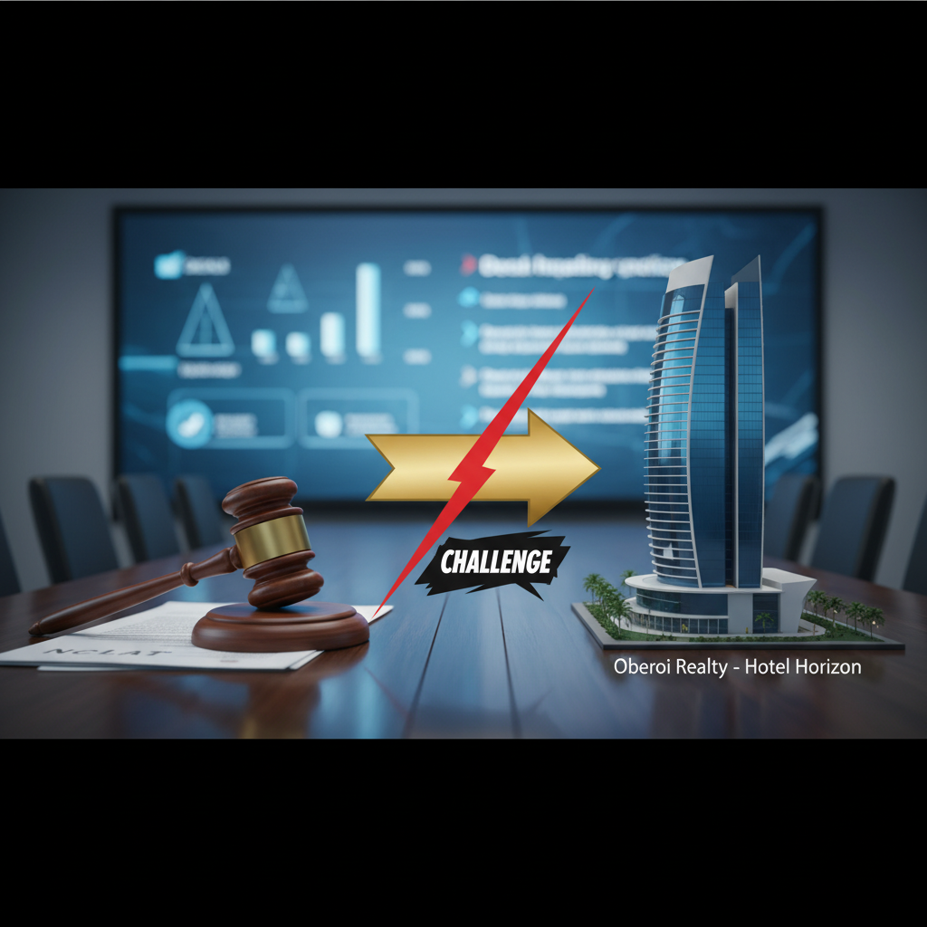 A gavel and legal documents on a table, with a modern hotel building in the background, symbolizing a legal challenge to a real estate deal.