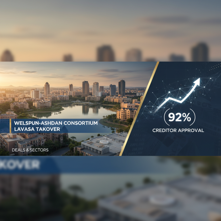 A professional image signifying a corporate takeover, showing a cityscape at sunset with an overlay of financial graphs and an upward arrow with "92% Creditor Approval."