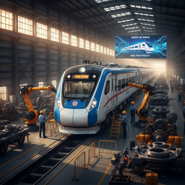 A modern train being assembled in a bustling factory with robotic arms and workers, symbolizing "Made in India" rail technology.