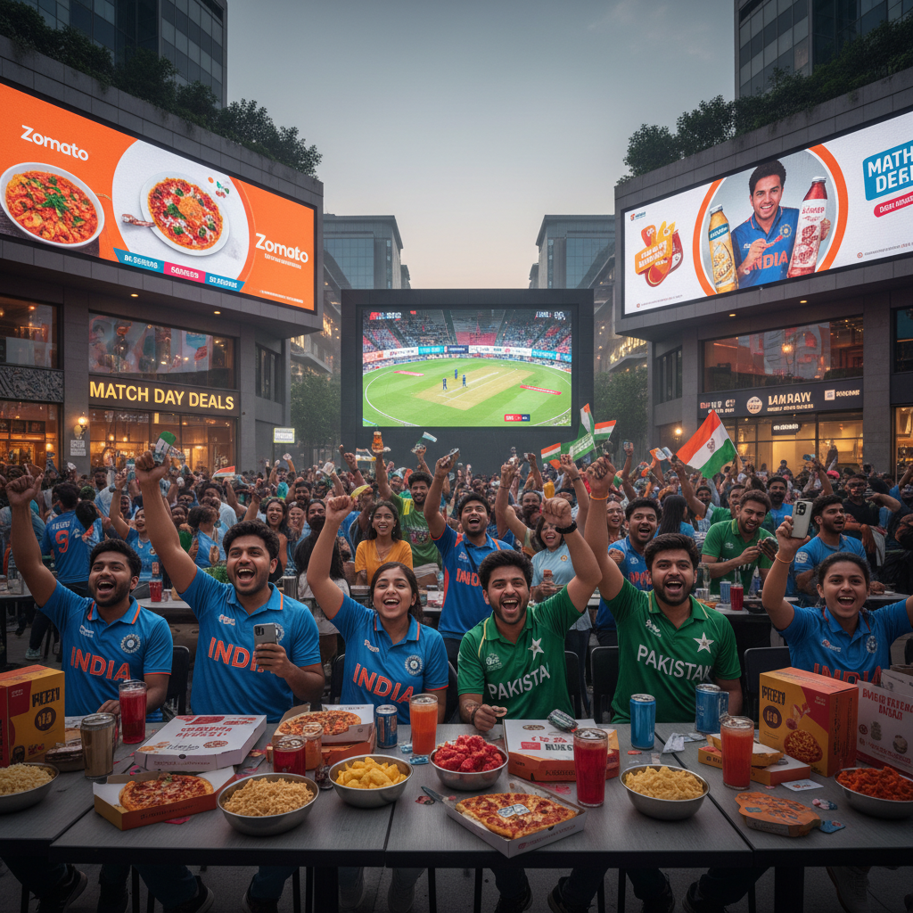 A lively scene with cricket fans from India and Pakistan cheering, food and drink, and large ad screens.