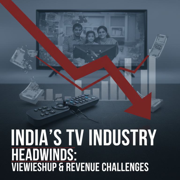 A declining red arrow over a TV with a family, representing challenges in India's TV industry.