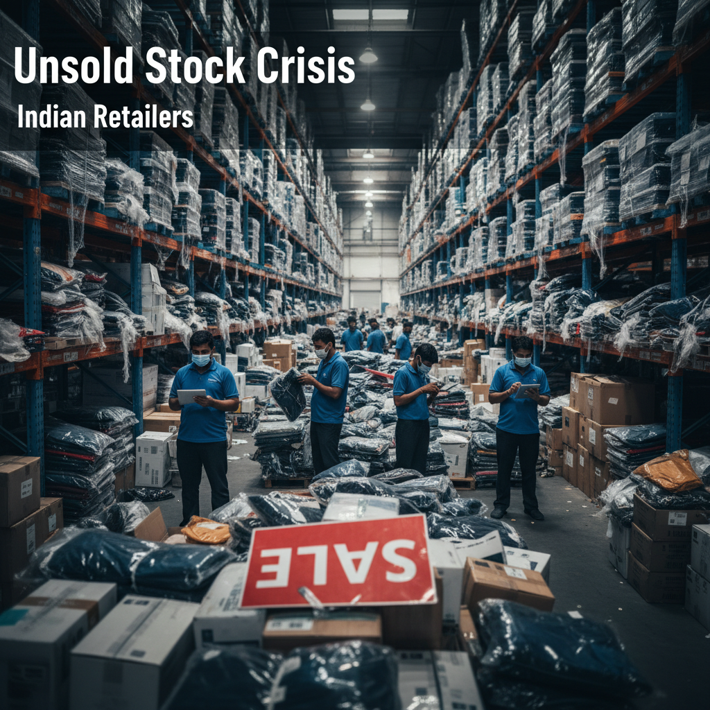 A professional image of an overflowing warehouse with many boxes and racks, workers are seen managing, and a 'SALE' sign is visible.