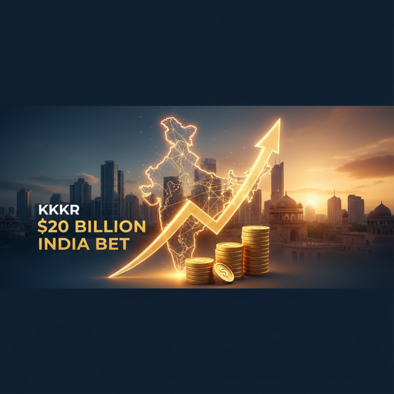 A professional image illustrating KKR's investment in India, featuring a map of India, stacks of coins, and an upward arrow, with text "KKR $20 BILLION INDIA BET."