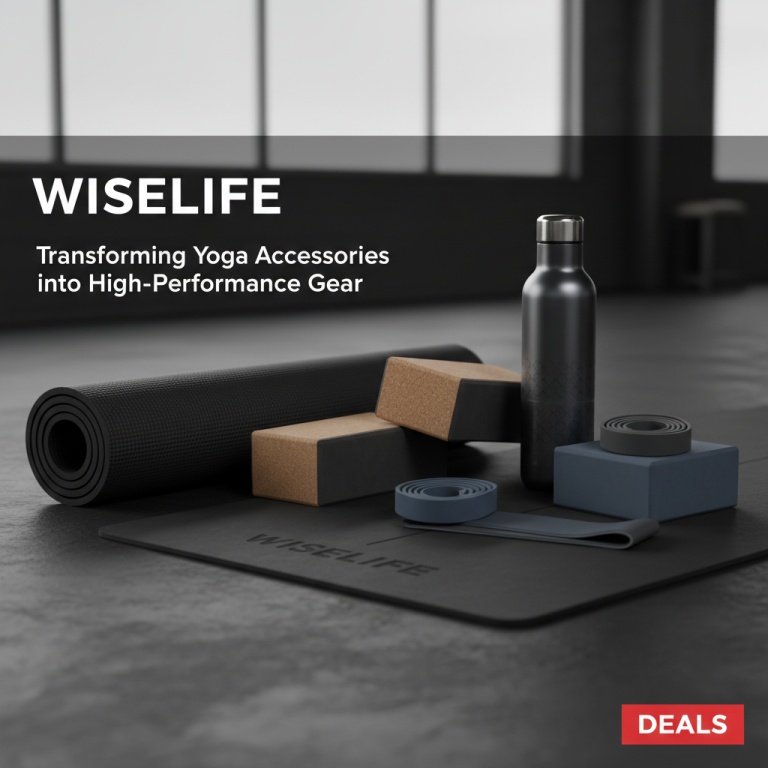 A collection of sleek, modern yoga accessories including a mat, blocks, strap, and water bottle.