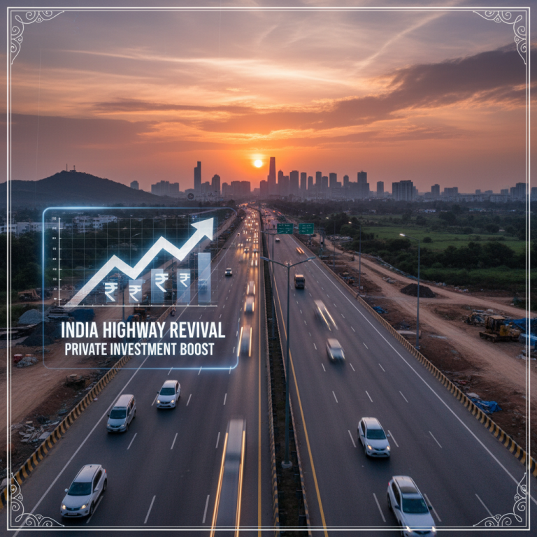 An aerial shot of a bustling highway in India at sunset, with a cityscape in the background and a rising bar graph overlay.