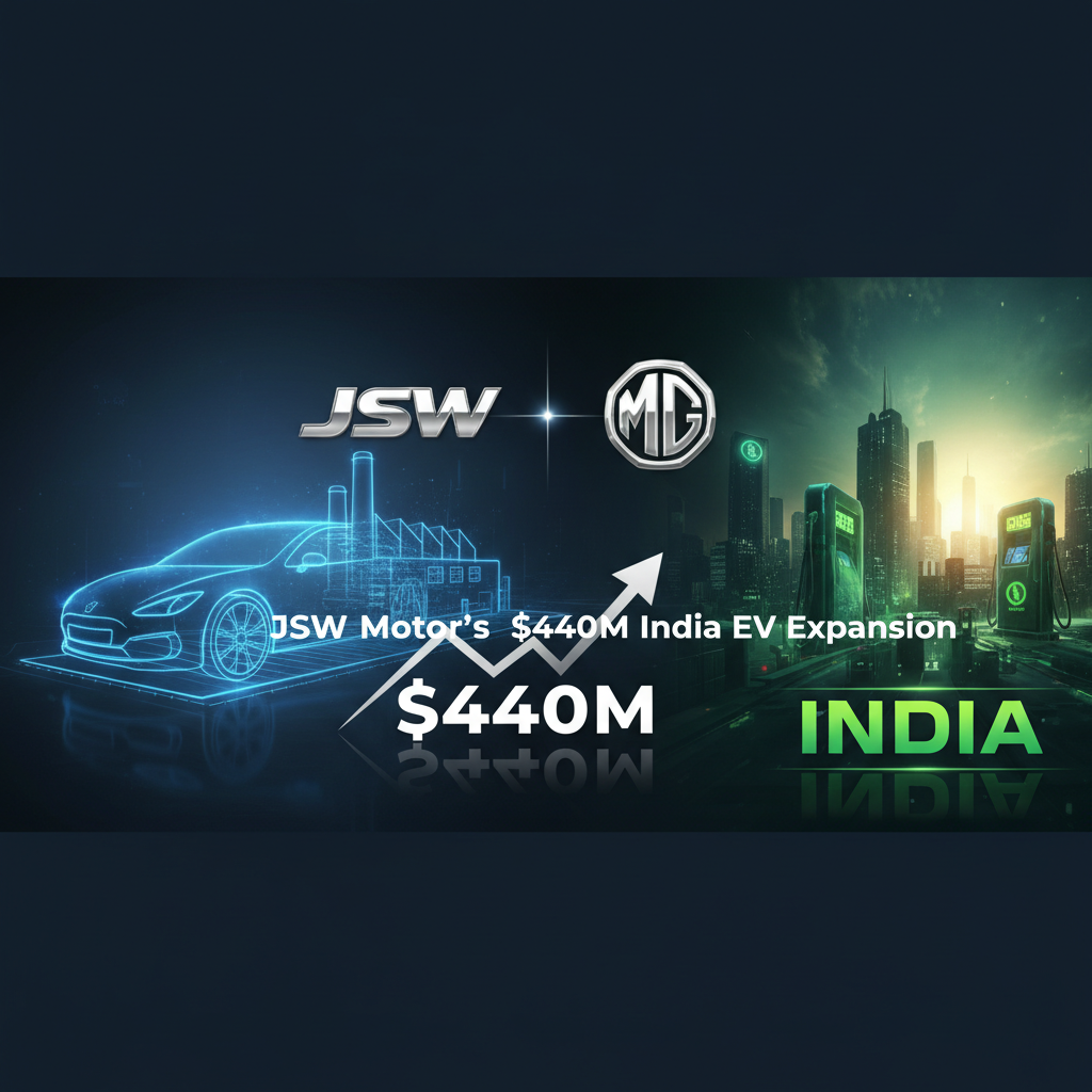 A futuristic graphic showing JSW and MG logos, an electric car, a factory, and India's skyline, with "INDIA" highlighted.