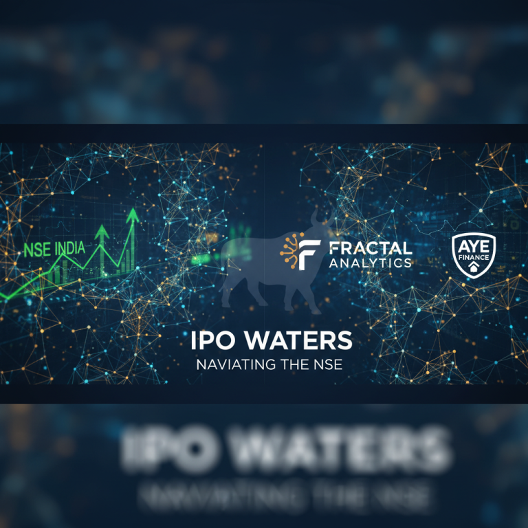 A professional image representing Fractal Analytics and Aye Finance navigating an IPO on the NSE, with financial graphics.