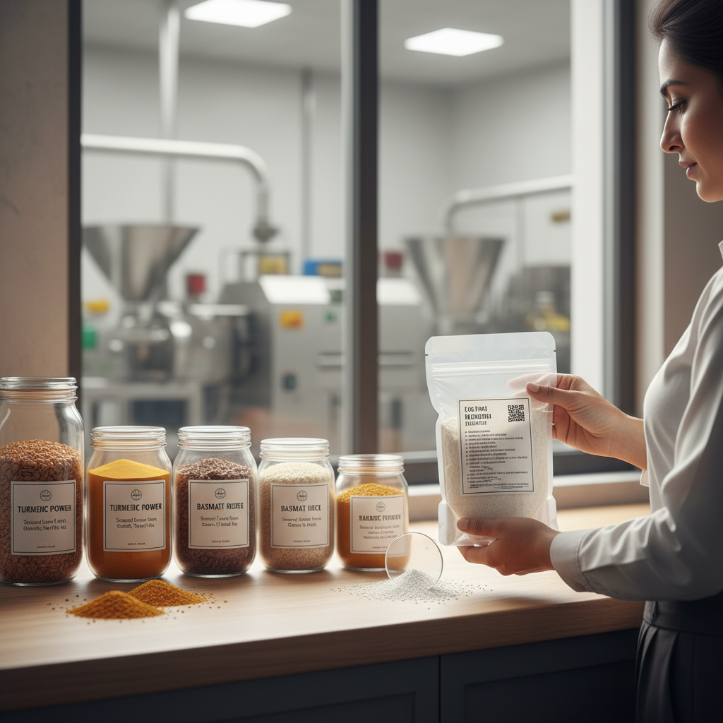A woman inspects a packaged food item with a QR code, alongside jars of spices and grains in a modern food processing setting.