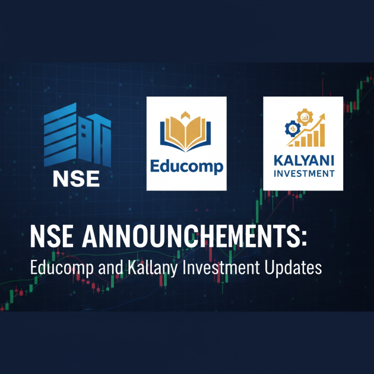 A professional image representing NSE announcements with logos of Educomp and Kalyani Investment.