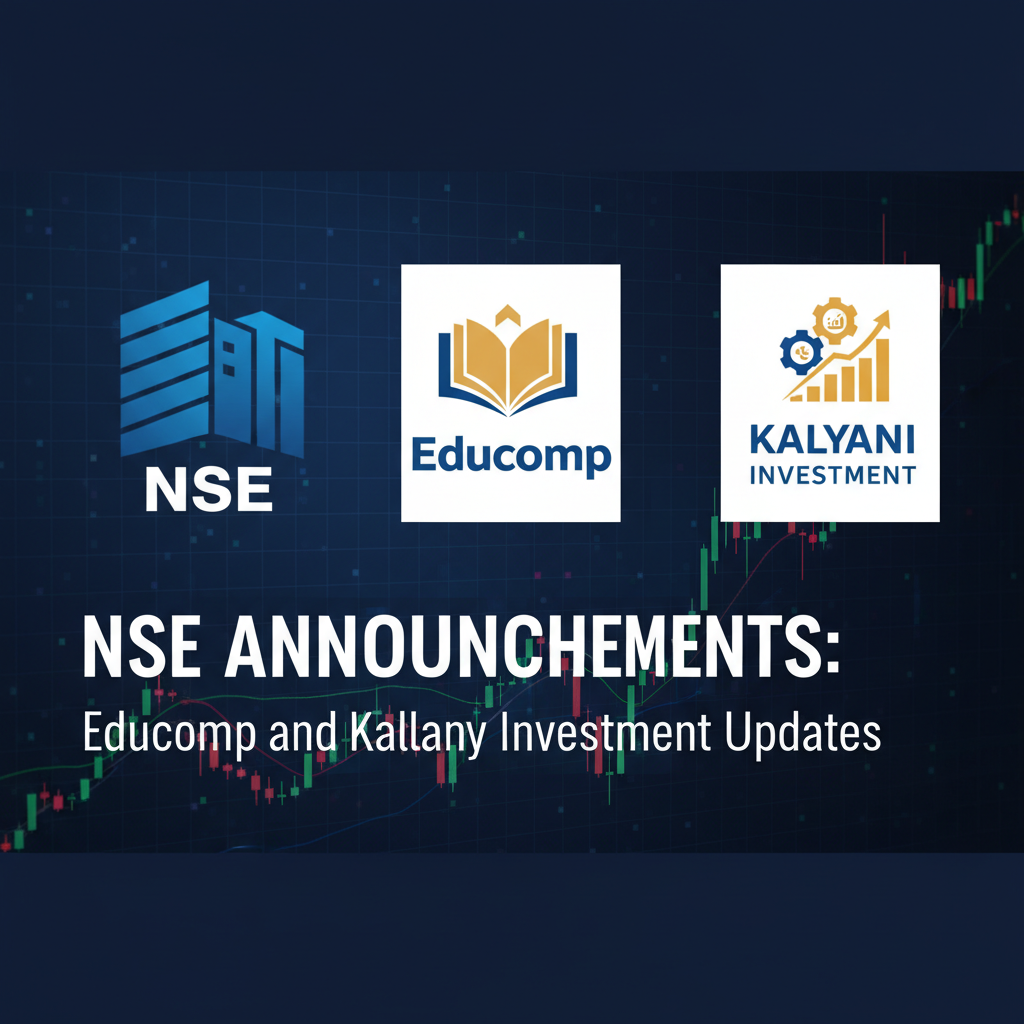 A professional image representing NSE announcements with logos of Educomp and Kalyani Investment.