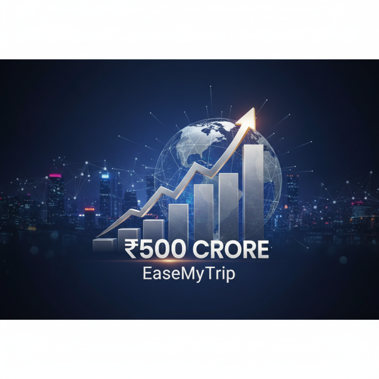 A professional image showing a rising bar graph, the Earth, and "₹500 CRORE EaseMyTrip" text.