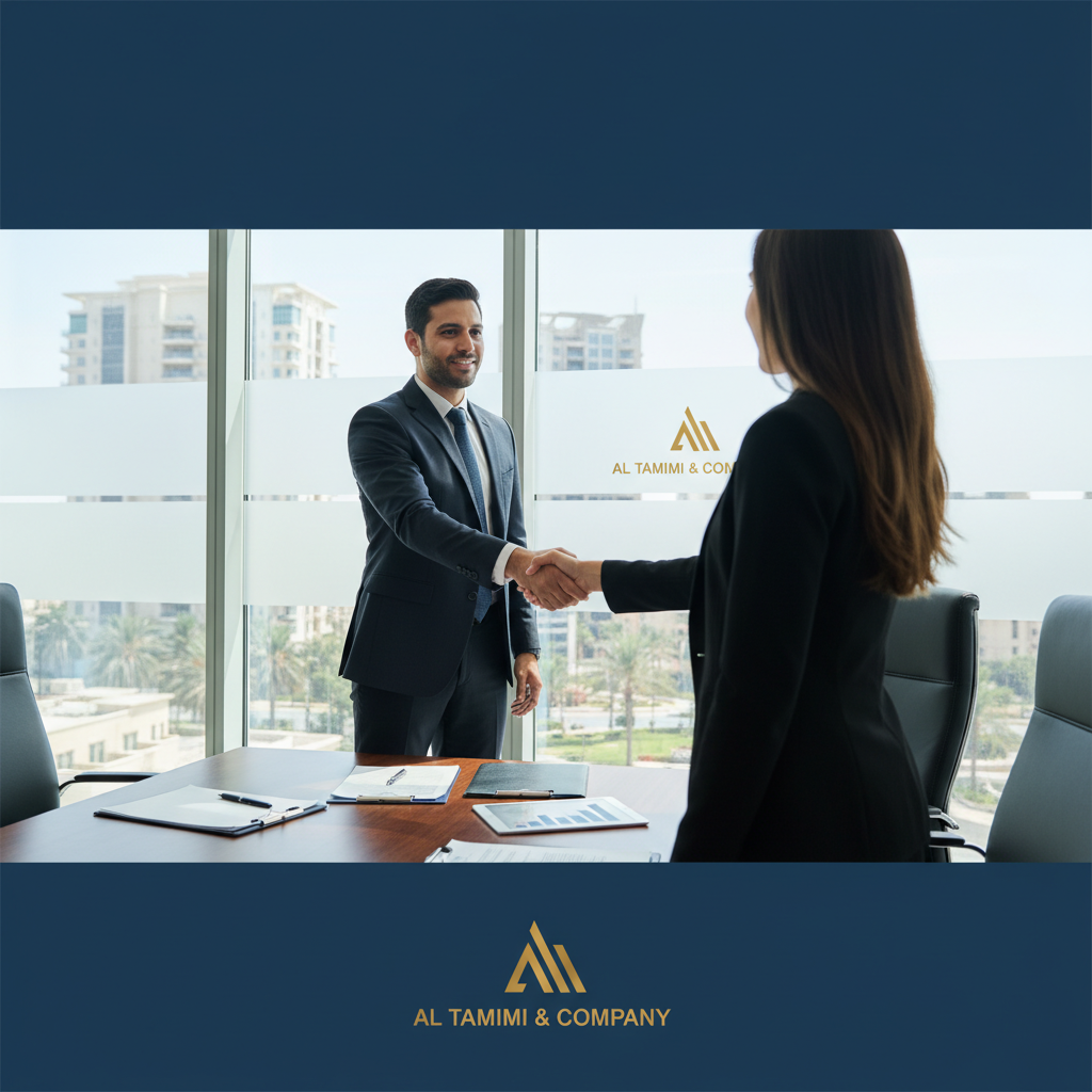 Two professionals in business attire shaking hands across a conference table with the Al Tamimi & Company logo.