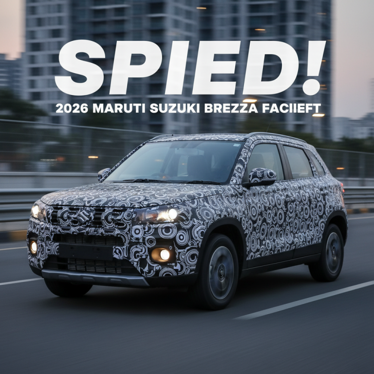 A camouflaged 2026 Maruti Suzuki Brezza facelift driving on a city road with text overlay.