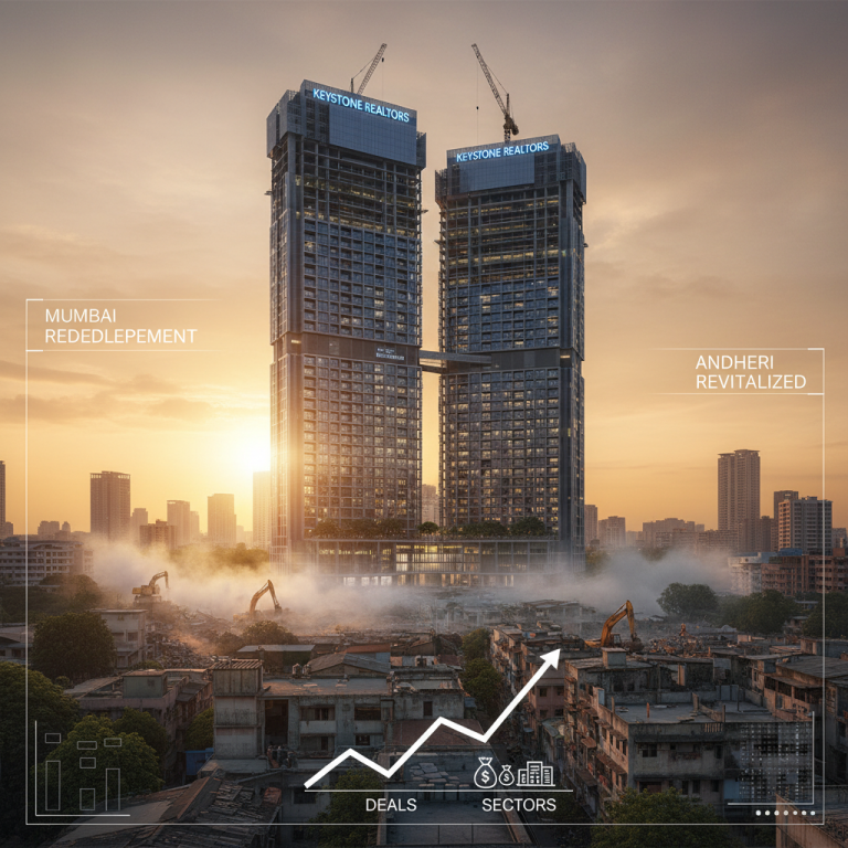 Modern high-rise buildings by Keystone Realtors overlooking a redeveloping cityscape with an upward trend graph.
