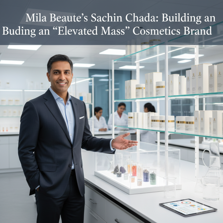 Sachin Chadha, co-founder of Mila Beauté, stands confidently in a modern cosmetics lab, showcasing products.