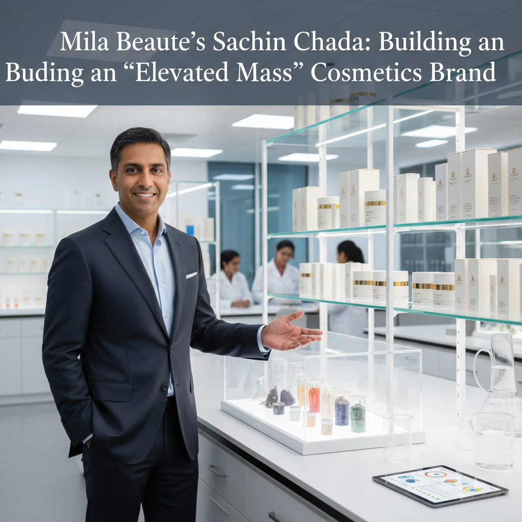 Sachin Chadha, co-founder of Mila Beauté, stands confidently in a modern cosmetics lab, showcasing products.