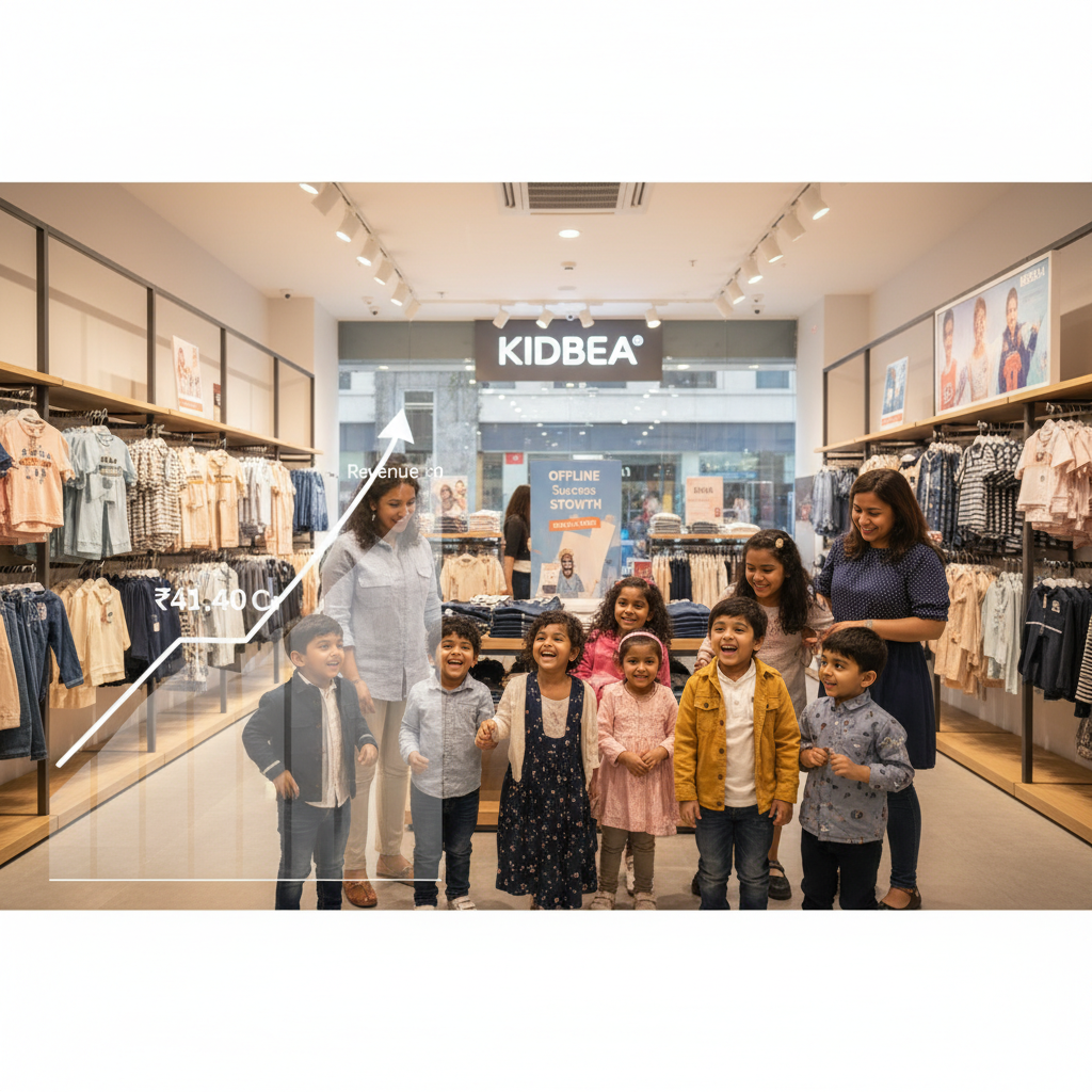 A vibrant Kidbea store with children, adults, and an overlay graph showing ₹41.40 Cr revenue growth.