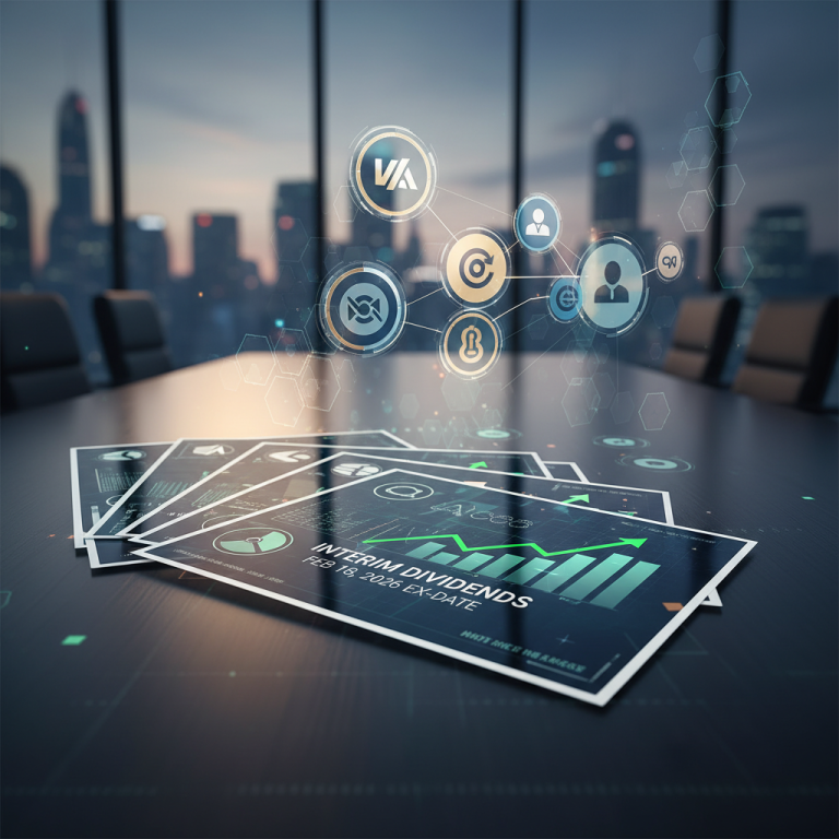 Documents about interim dividends with an upward trend graph on a conference table, city skyline background.