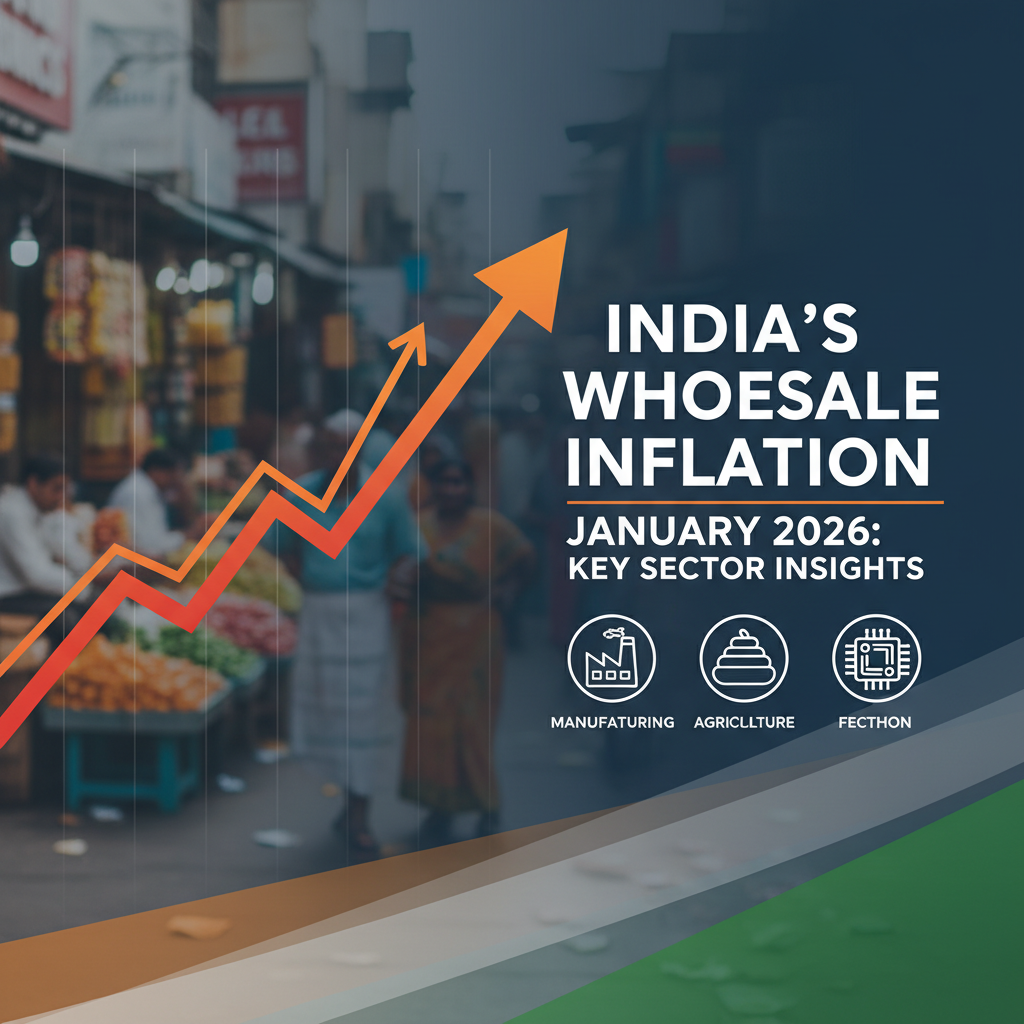 A professional graphic showing an upward trending arrow over a blurred Indian market, with text overlay about wholesale inflation.