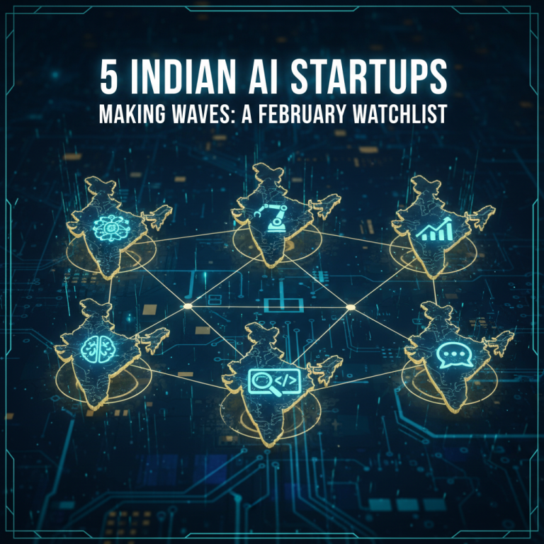 A professional 16:9 header image with the title "5 Indian AI Startups Making Waves: A February Watchlist"