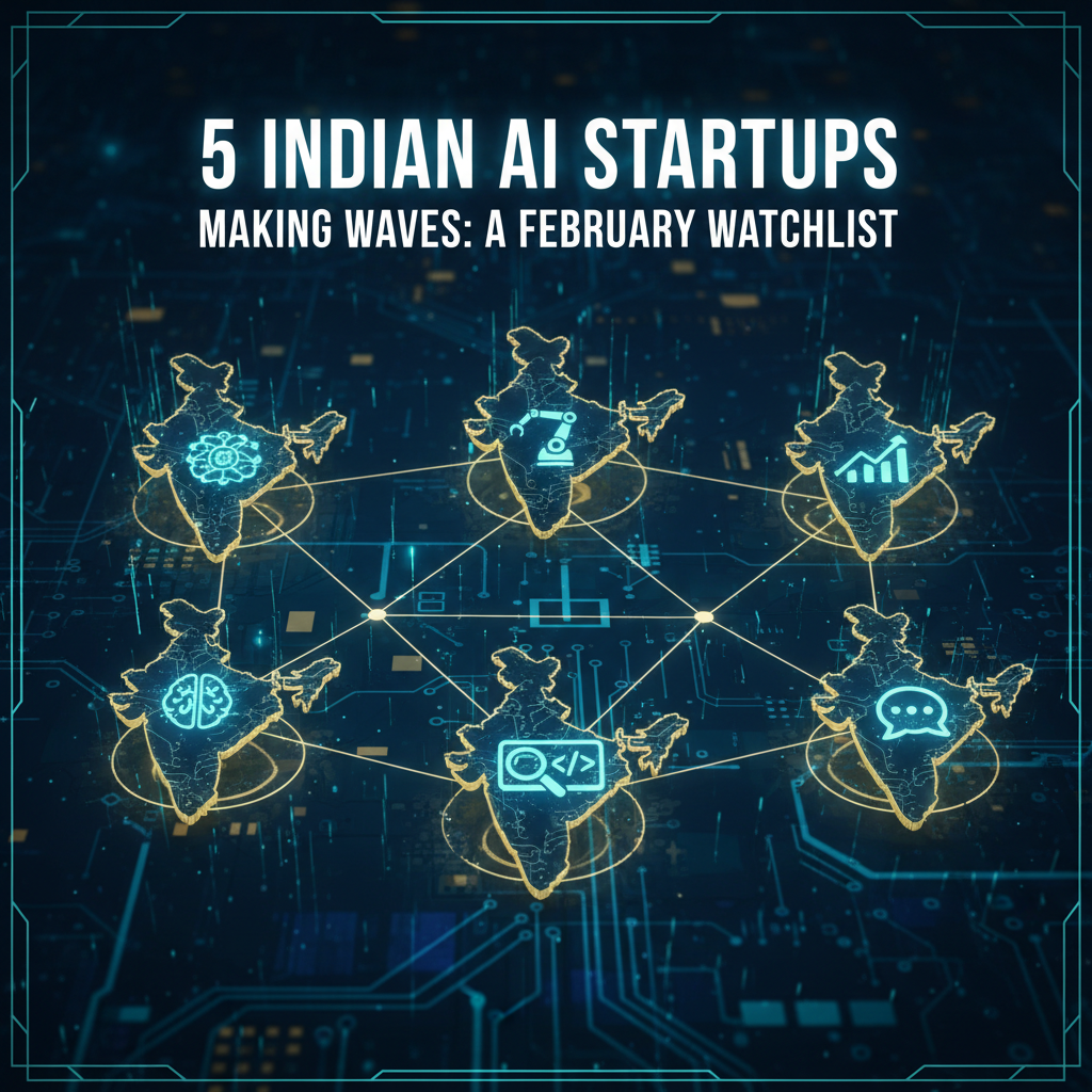 A professional 16:9 header image with the title "5 Indian AI Startups Making Waves: A February Watchlist"