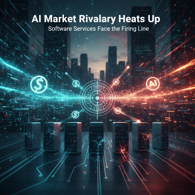 Server racks glowing with blue and red light and dollar signs above